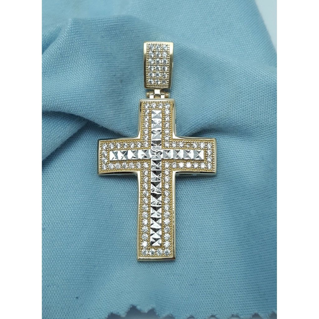 14k Two Tone Multi Color Gold Religious Diamond Cut Cross Cz Charm Pendant